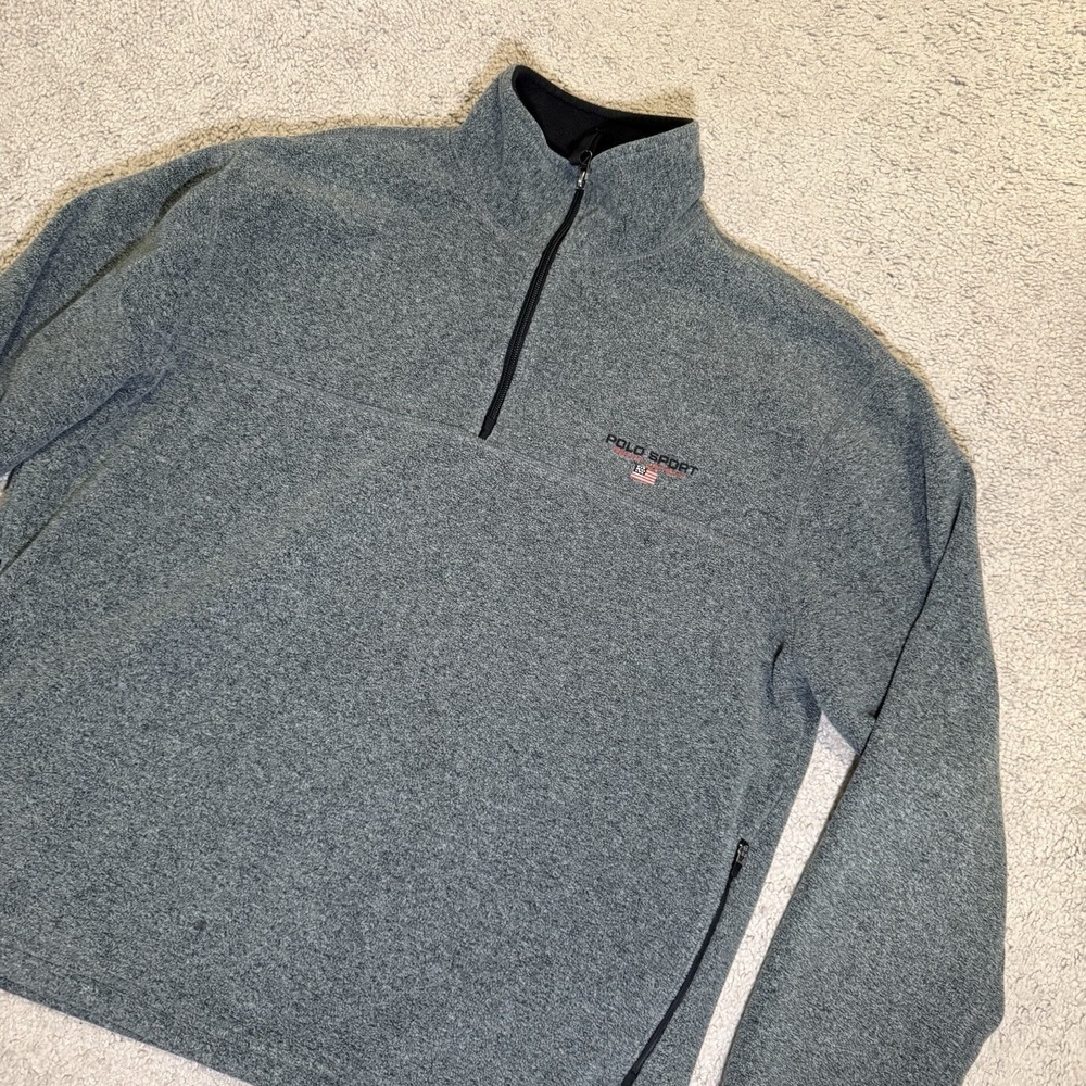 Polo Sport Jacket Mens L Gray Fleece Quarter‎ Zip Polartec Drawstring Vintage